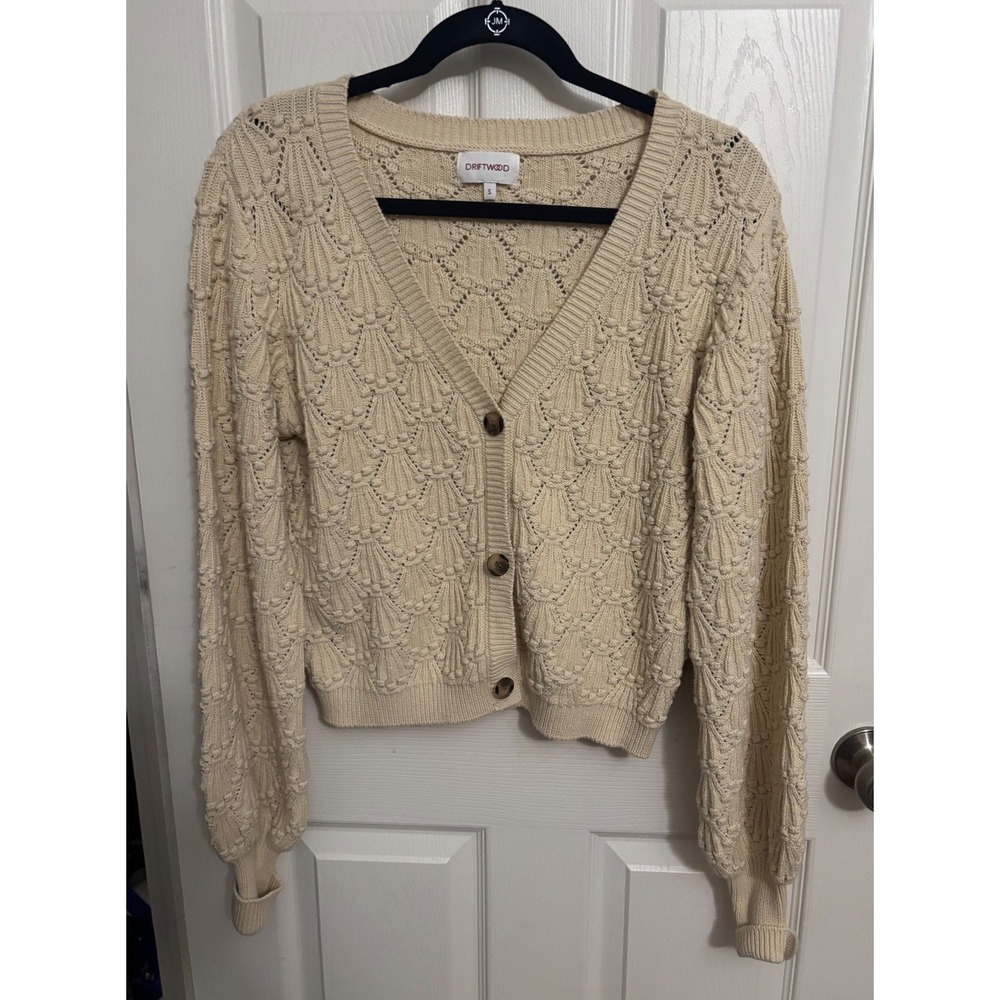 Driftwood | Textured Nancy Cardigan Cream Cotton Balloon Sleeve Boho Sz S